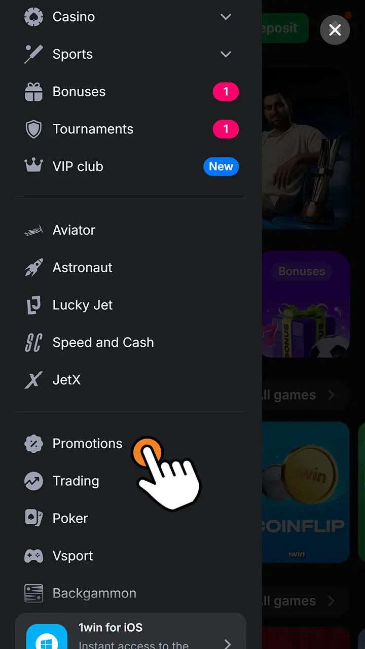 Open the Bonuses section in the left menu on the official 1win website.